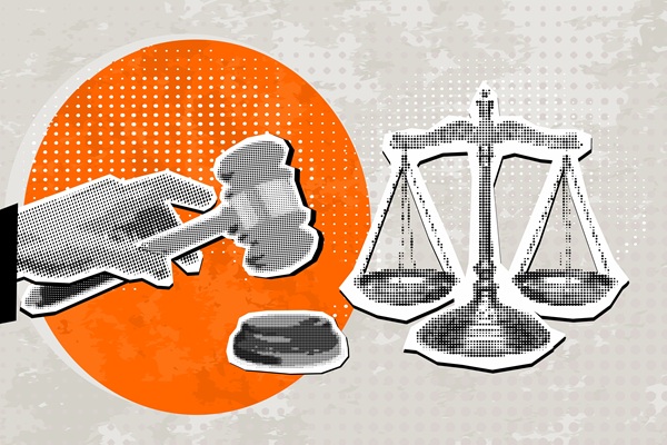 Trendy,Halftone,Collage,Hand,Strikes,Judge’s,Gavel,And,Scales.,Verdict.