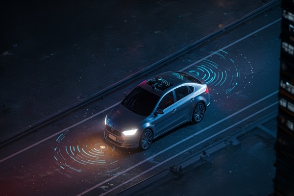 Futuristic,Autonomous,Vehicle,Driving,Through,A,Smart,City,At,Night,