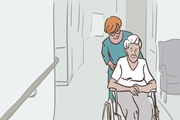 Elderly,Woman,In,A,Wheelchair,In,An,Ehpad,Pushed,By